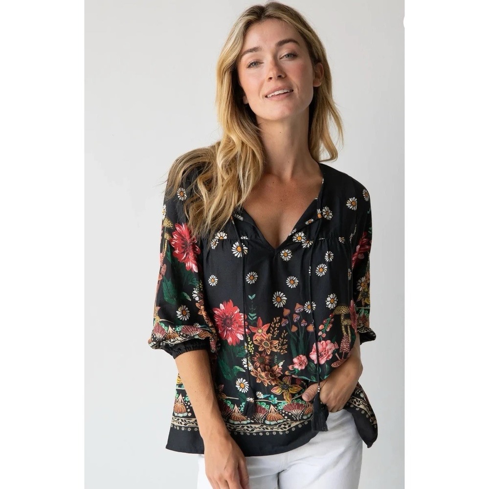 Natural Life Maribel Peasant Sleeve Top Black Daisy Mushroom Boho Blouse S NWT